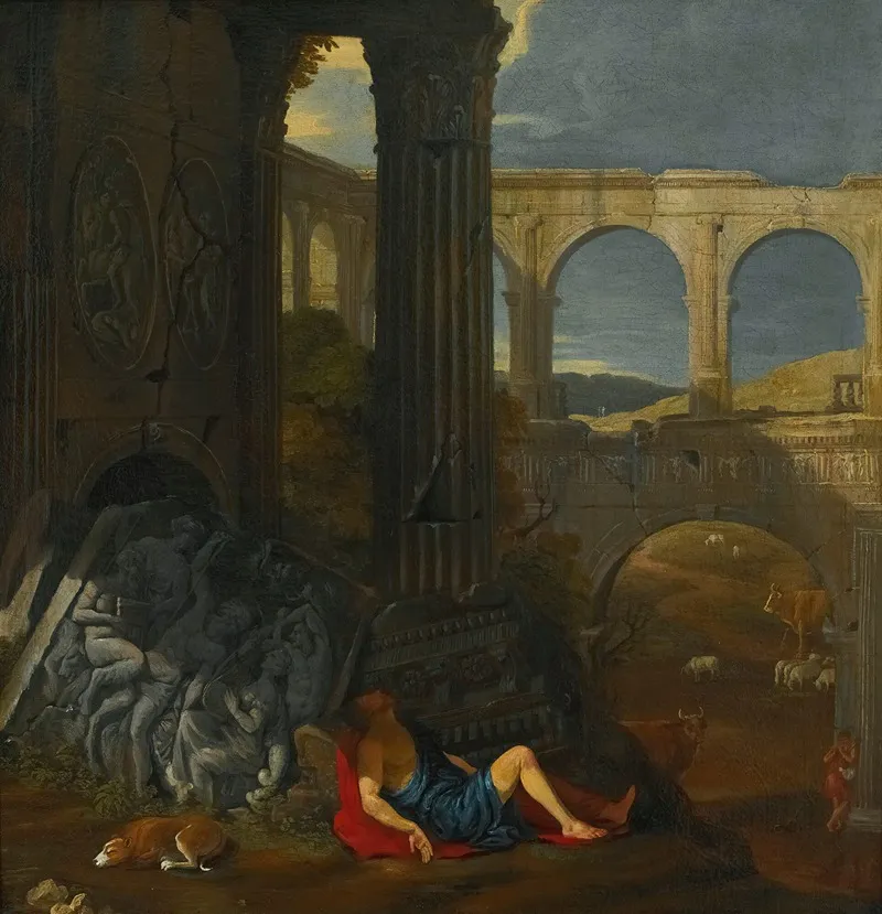 An Architectural Capriccio With Ancient Ruins A Triumphal Arch And A Haut Relief Sculpture With The Story Of Mercury And Argus Wall Art by Jean Lemaire - High-Resolution Digital Print