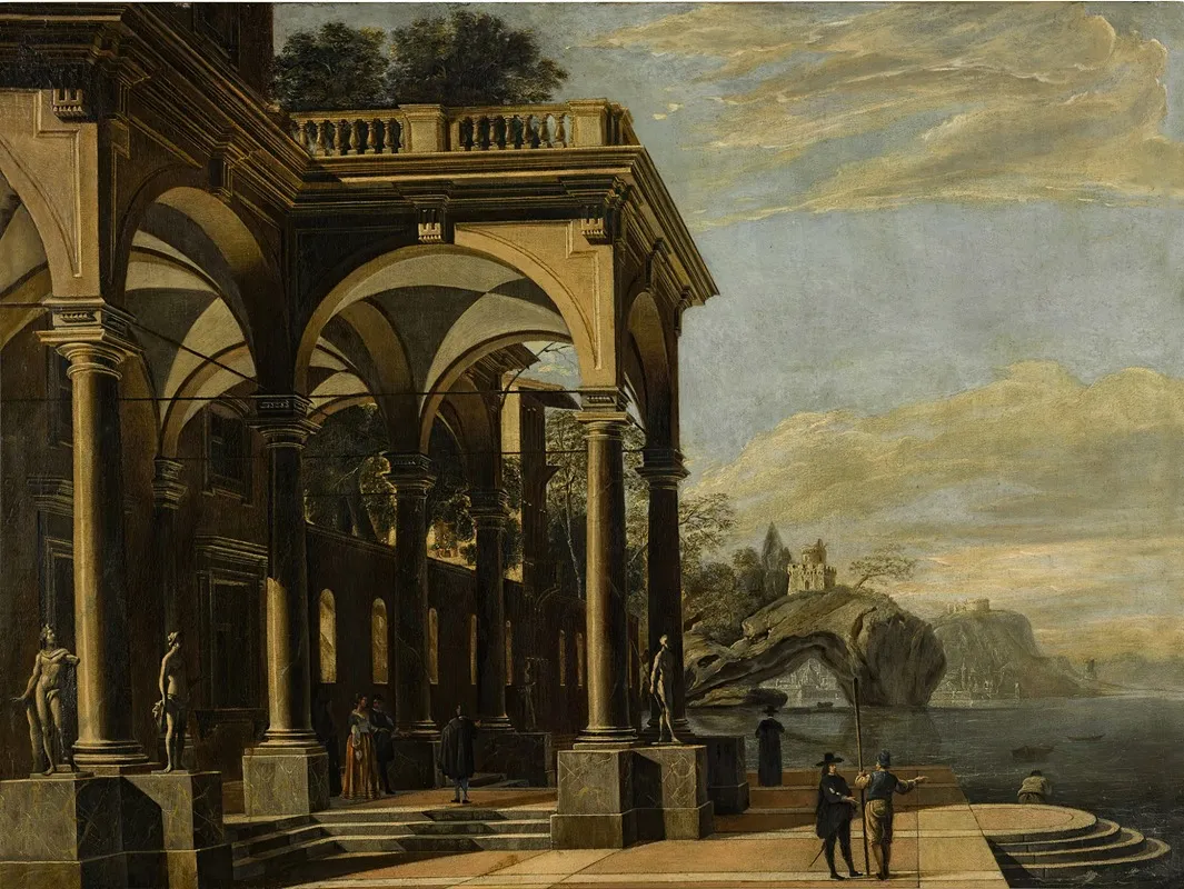 An Architectural Capriccio With Figures By A Colonnaded Portico A Castle On A Sea Arch And Coastal Village Beyond Wall Art by Viviano Codazzi - High-Resolution Digital Print
