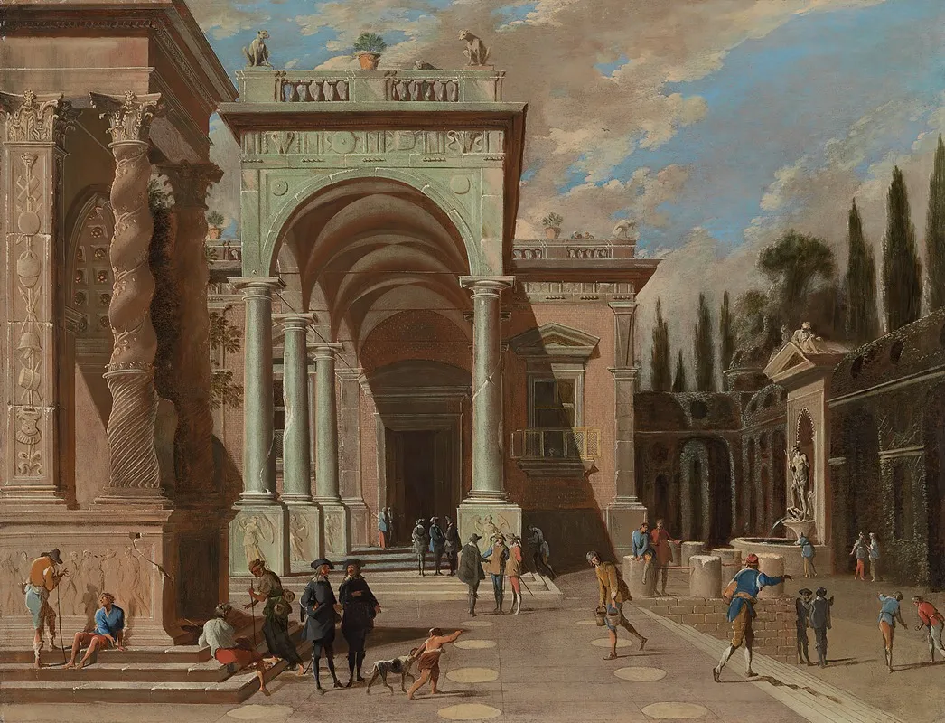 An Architectural Capriccio With Figures Outside A Palace Wall Art by Ascanio Luciani - High-Resolution Digital Print