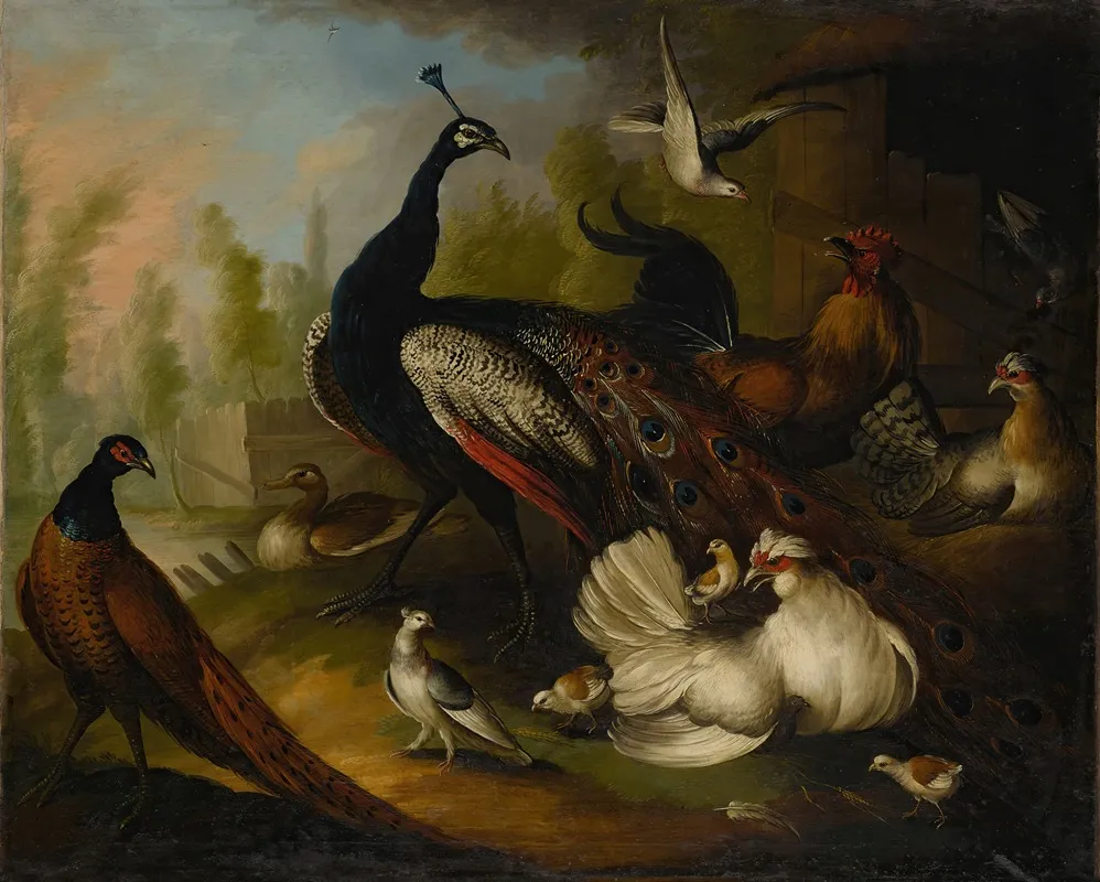 An Assembly Of Birds In A Parkland Setting Including A Peacock Hens And A Duck