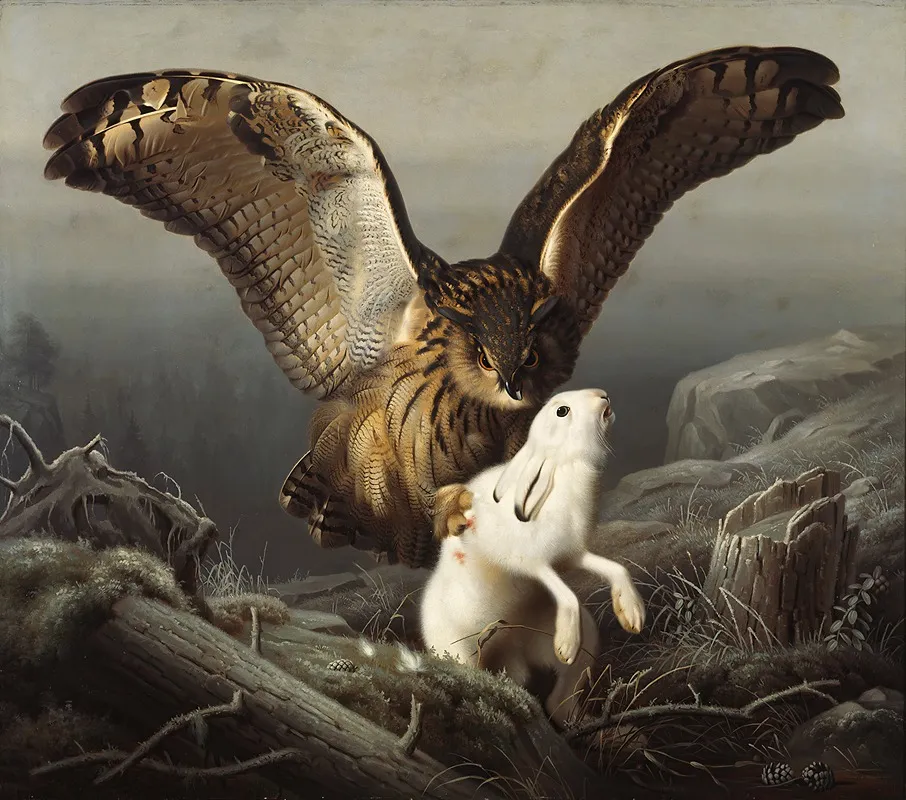 An Eagle Owl Seizes A Hare Wall Art by Ferdinand von Wright - High-Resolution Digital Print