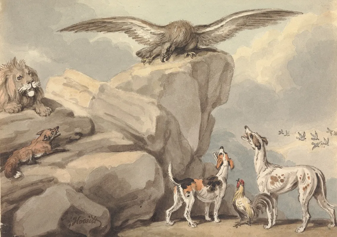An Eagle Perched On A Rock Lion Fox Two Hounds And A Rooster