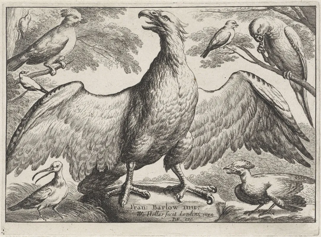 An Eagle With Outstretched Wings Standing On A Rock Surrounded By Six Other Birds