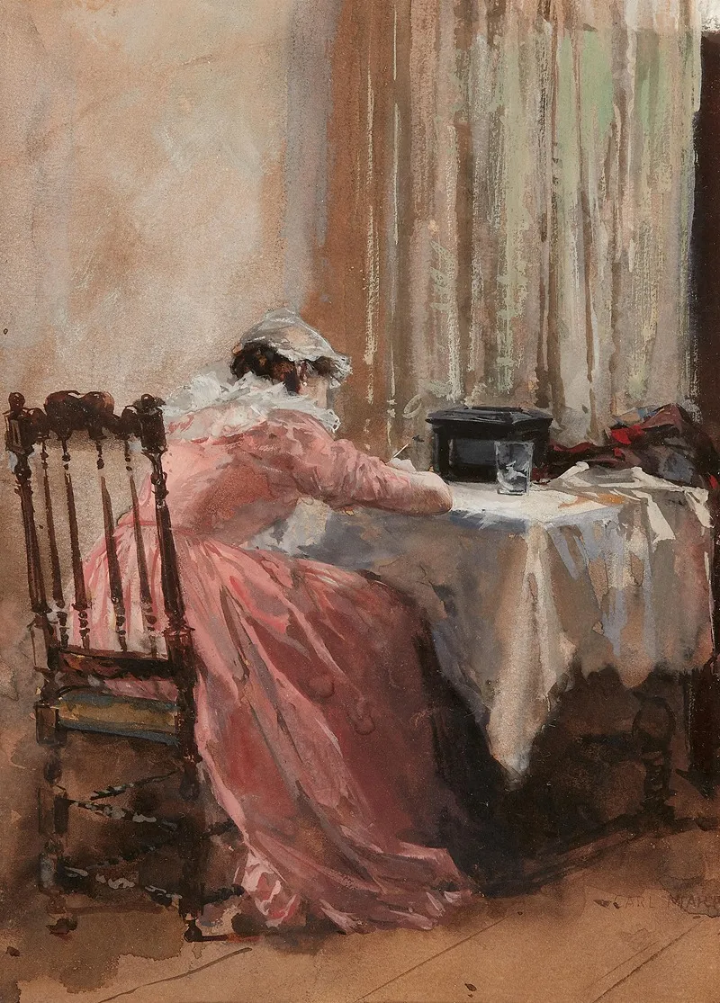 An Einem Tisch Schreibende Junge Frau Wall Art by Carl Von Marr - High-Resolution Digital Print