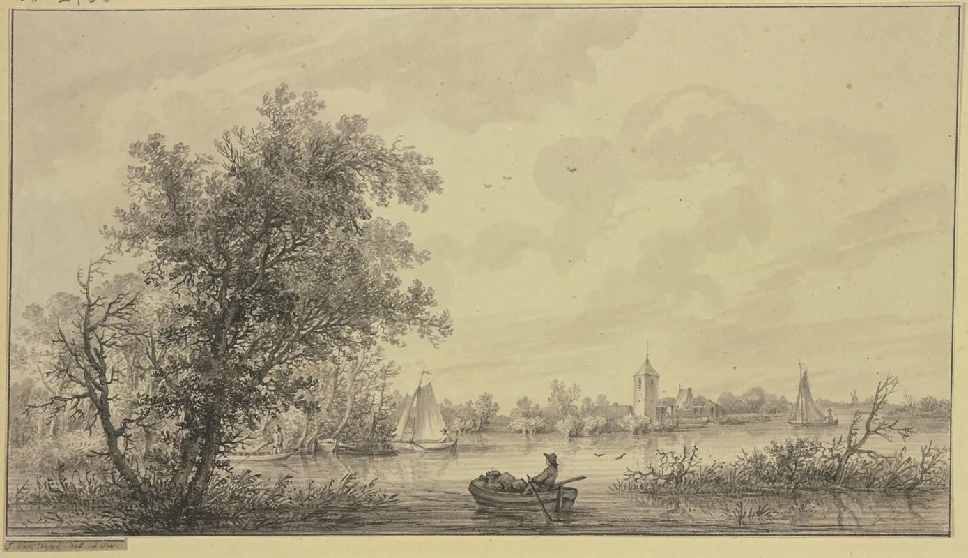 An Einem Von Baumen Begrenzten Flus Ein Dorf Mit Turm Mehrere Segel Und Ruderboote Wall Art by Jakob Versteegs - High-Resolution Digital Print