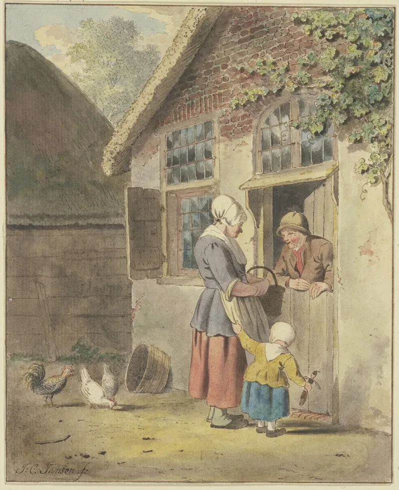 An Einer Haustur Spricht Ein Mann Mit Einer Frau Die Von Einem Kind An Der Schurze Gehalten Wird Wall Art by Johannes Christiaan Janson - High-Resolution Digital Print
