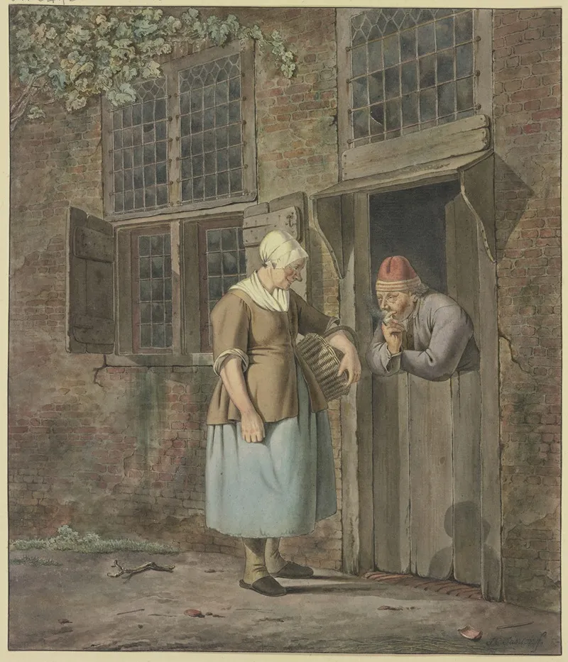 An Einer Haustur Spricht Ein Rauchender Mann Mit Einer Frau Die Einen Korb Tragt Wall Art by Johannes Christiaan Janson - High-Resolution Digital Print