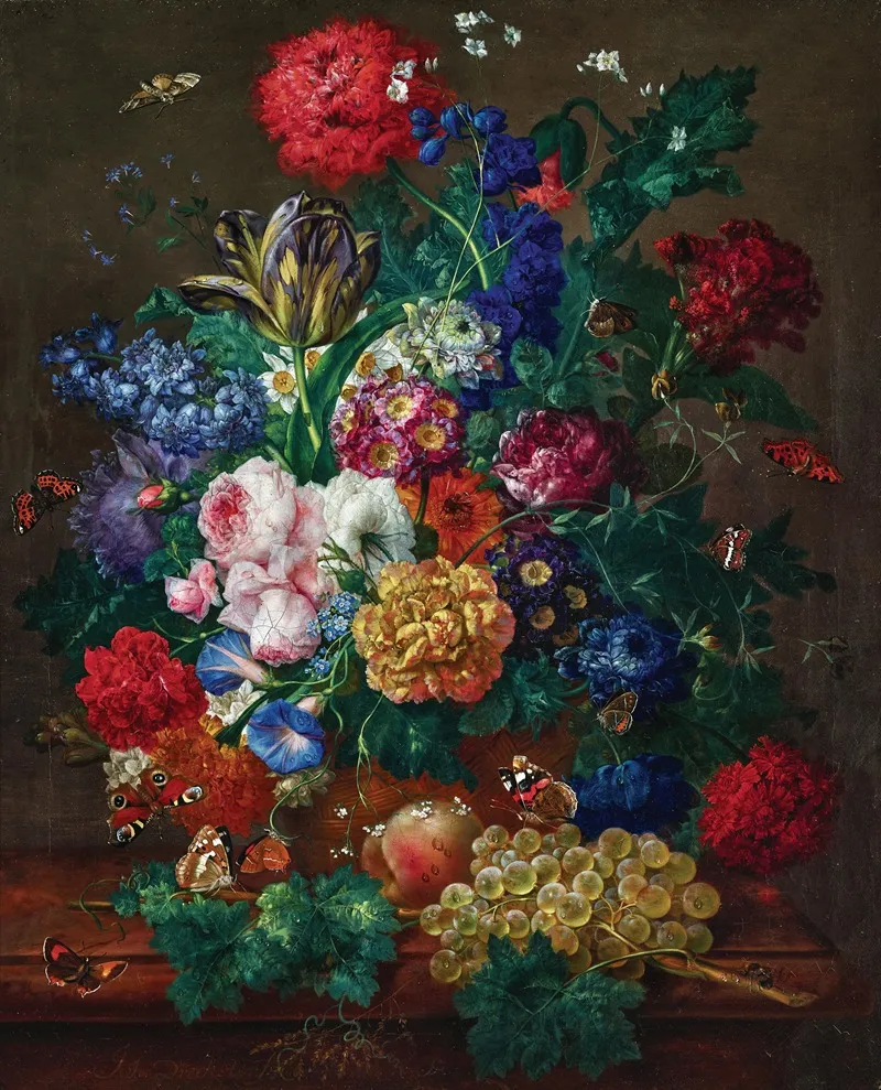 An Elaborate Floral Still Life With Roses Tulips Narcissus Grapes And Butterflies Wall Art by Johann Baptist Drechsler - High-Resolution Digital Print