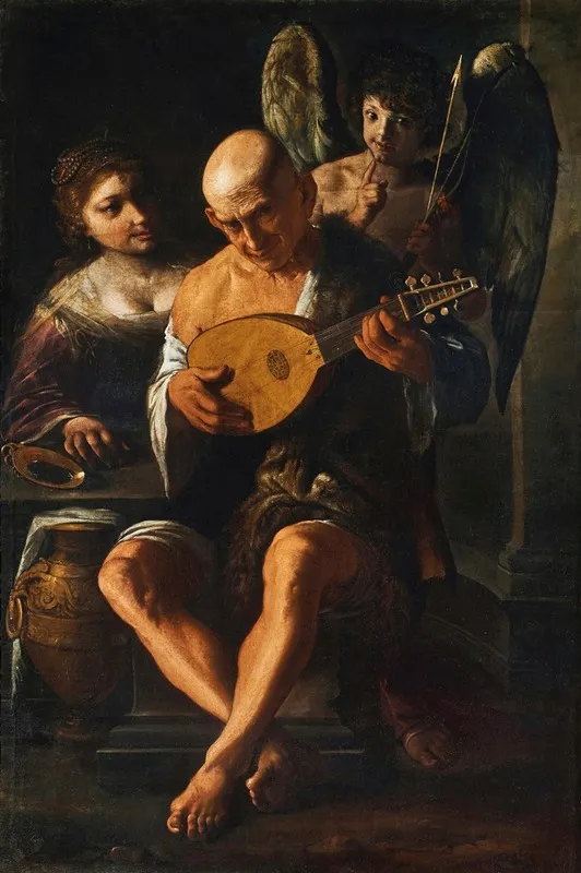An Elderly Man Playing The Guitar With A Woman And A Putto In Attendance Wall Art by Pietro Paolini - High-Resolution Digital Print