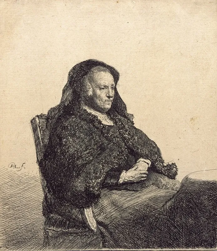 An Elderly Woman Rembrandts Mother Seated At A Table Wall Art by Rembrandt van Rijn - High-Resolution Digital Print