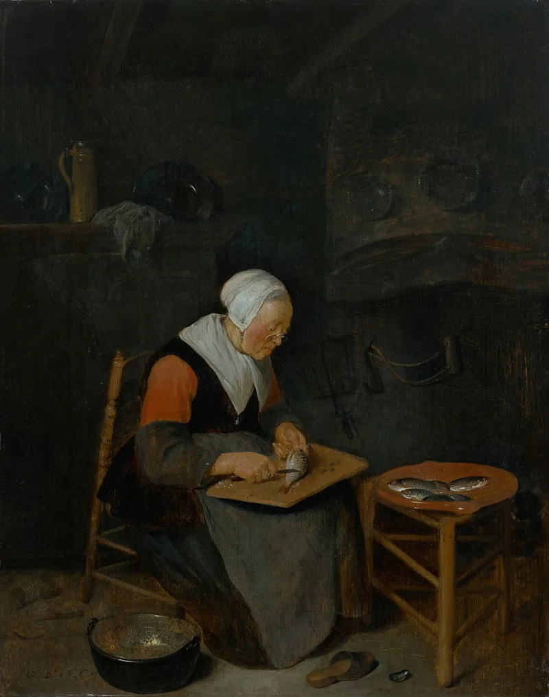 An Elderly Woman Scaling Fish In An Interior Wall Art by Quiringh Van Brekelenkam - High-Resolution Digital Print