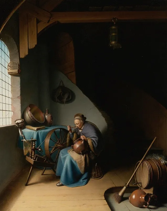 An Elderly Woman Seated By A Window At Her Spinning Wheel Eating Porridge Wall Art by Gerrit Dou - High-Resolution Digital Print