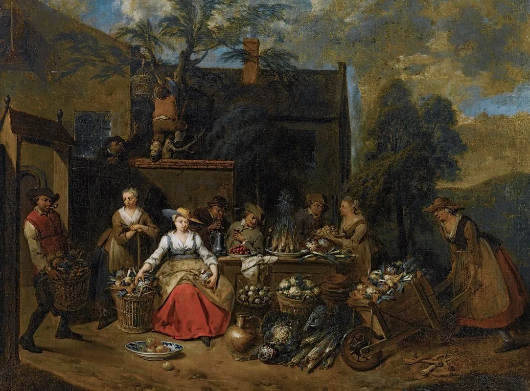 An Elegant Company In A Landscape Amongst Different Fruits And Vegetables A Woman With A Wheelbarrow Entering From The Right Wall Art by Jan Baptist Lambrechts - High-Resolution Digital Print