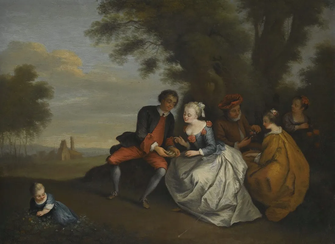 An Elegant Company Seated Outdoors With A Couple Looking At A Birds Nest Wall Art by Circle Of Bonaventure De Bar - High-Resolution Digital Print