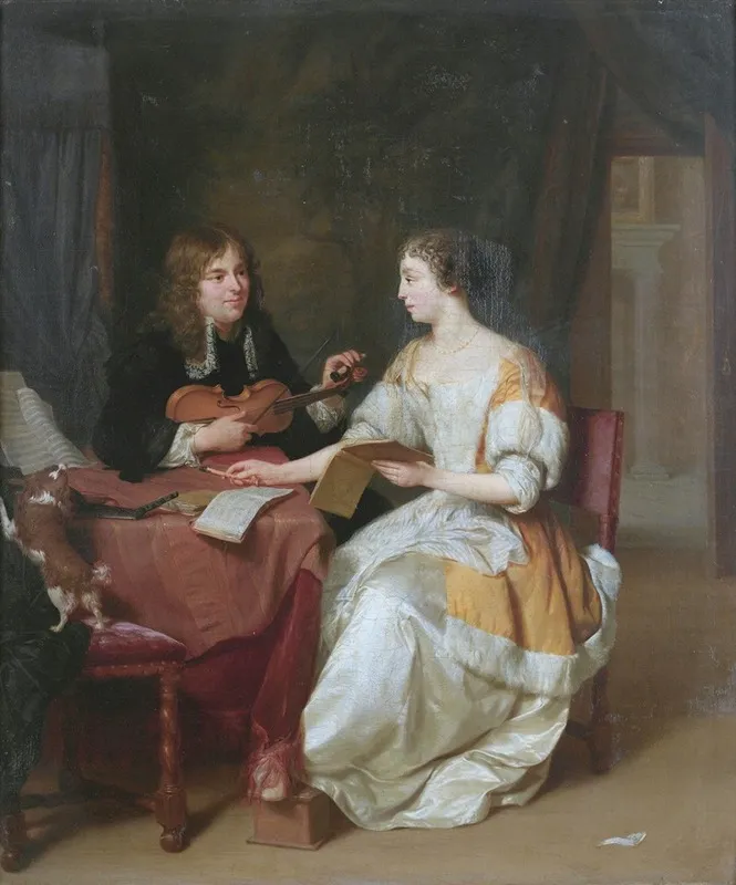 An Elegant Couple Making Music In An Interior Wall Art by Jan Verkolje - High-Resolution Digital Print