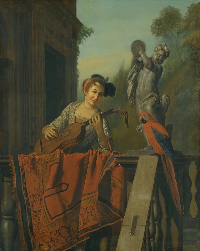 An Elegant Figure Playing A Guitar At A Balustrade With A Macaw Wall Art by Jan Josef Horemans The Elder - High-Resolution Digital Print