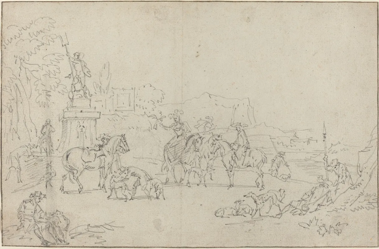 An Elegant Hunting Party Resting By A Fountain
