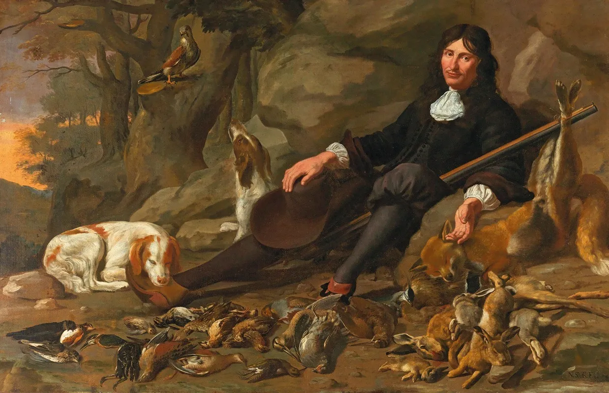 An Elegant Huntsman With His Dog And Game Resting In A Rocky Landscape Oil On Canvas by Nicolaas Stramot II - High-Resolution Digital Print
