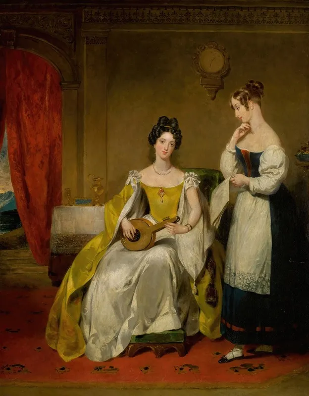An Elegant Interior With A Young Lady Holding A Small Guitar Wall Art by Margaret Sarah Carpenter - High-Resolution Digital Print