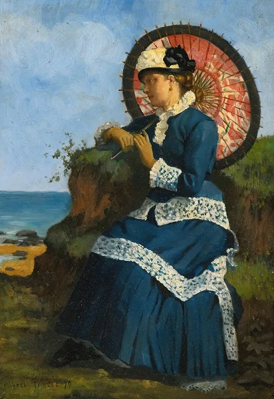 An Elegant Lady By The Shore With A Pink Parasol