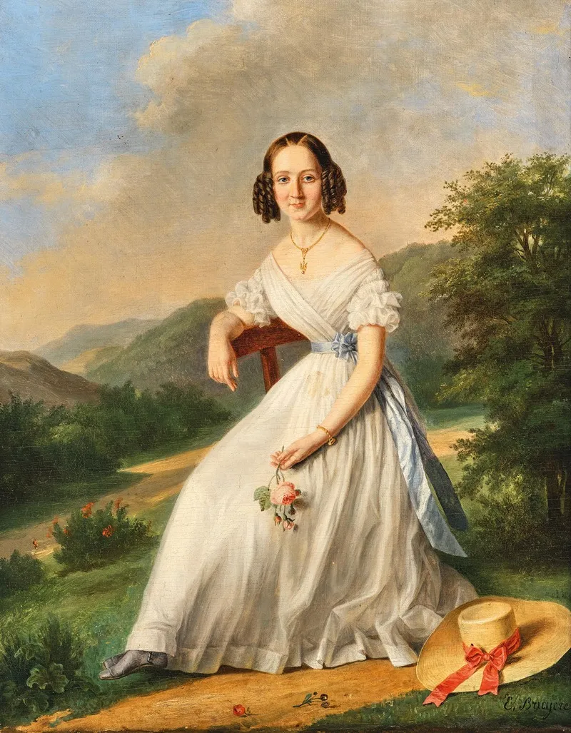An Elegant Lady With Florentine Hat In A Landscape Wall Art by Élise Bruyère - High-Resolution Digital Print