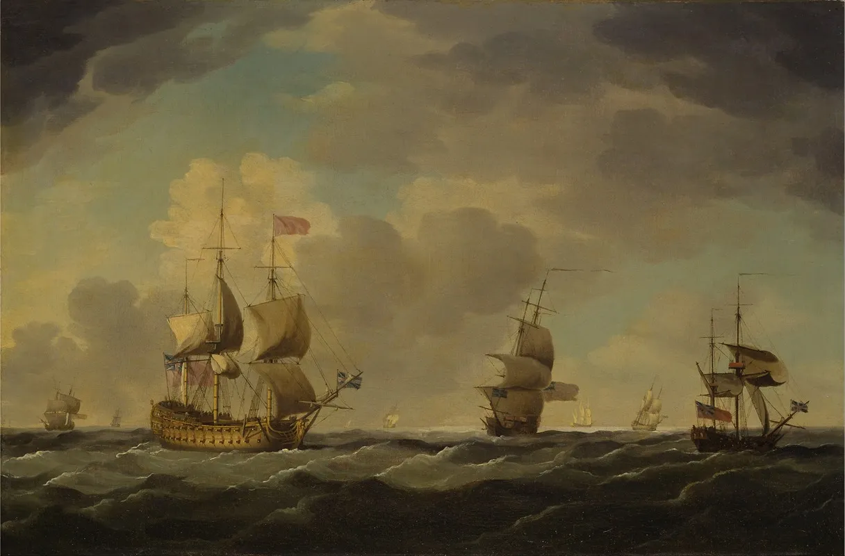 An English Flagship Under Easy Sail In A Moderate Breeze Wall Art by Charles Brooking - High-Resolution Digital Print