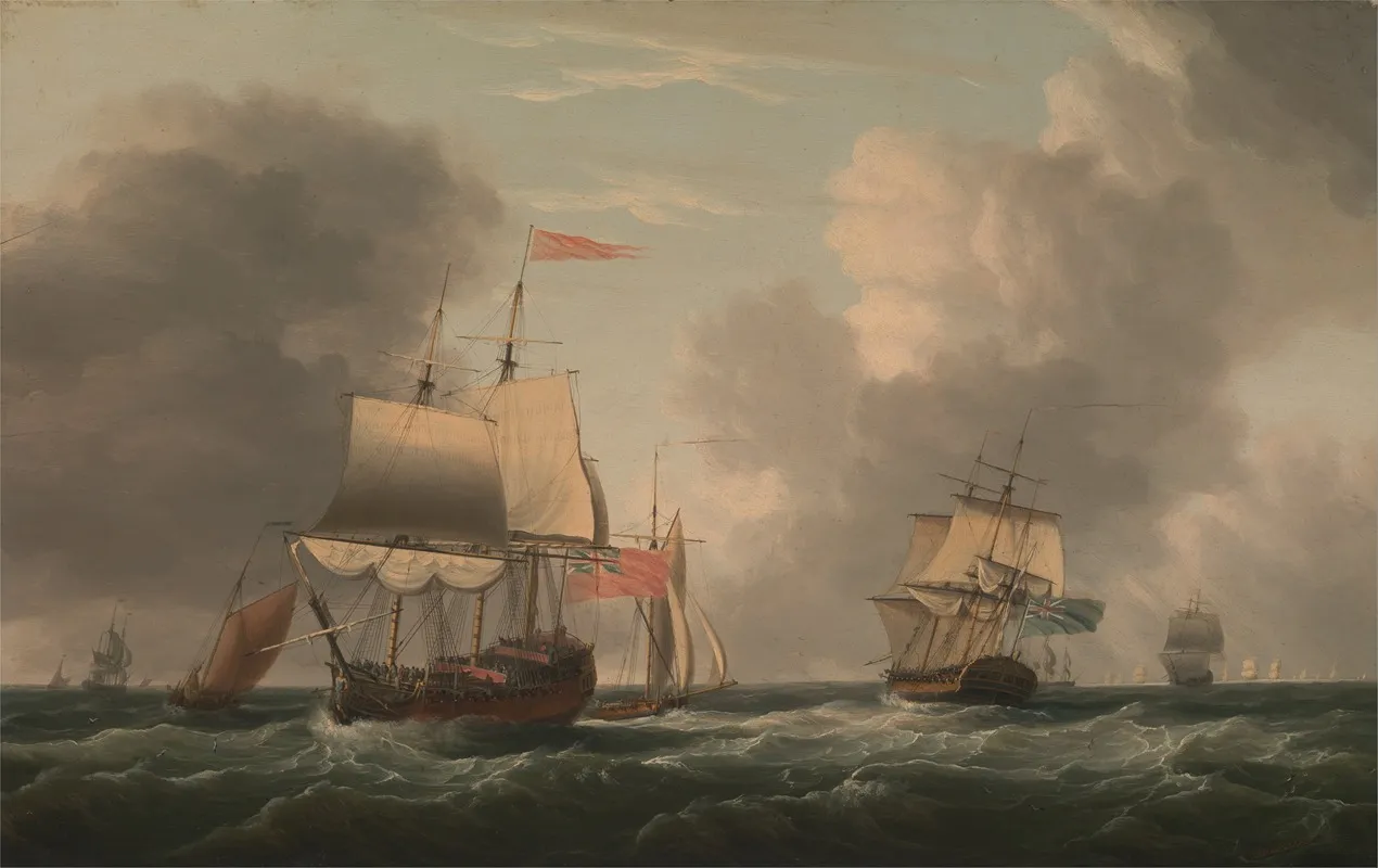An English Two Decker Lying Hove To With Other Ships And Vessels In A Fresh Breeze