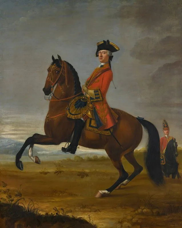 An Equestrian Portrait Of An Officer Of The 1st Troop Of Horse Grenadier Guards On A Bay Charger With A Trooper To The Right Wall Art by David Morier - High-Resolution Digital Print