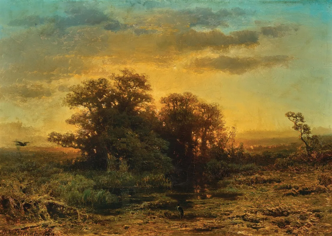 An Evening Landscape With A Stork Wall Art by Charlotte Piepenhagen-Mohr - High-Resolution Digital Print