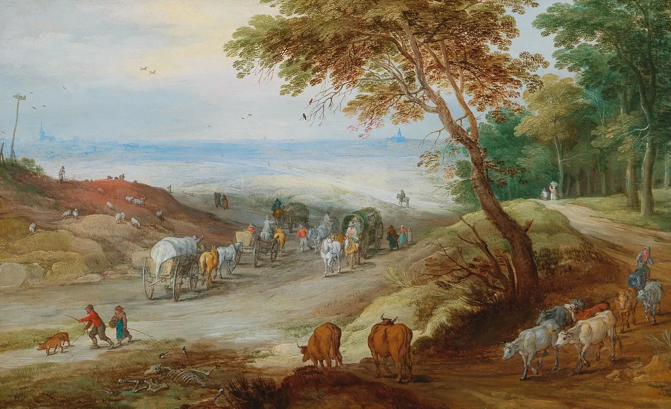 An Extensive Hilly Landscape With Travellers On A Path And Cattle In The Foreground Wall Art by Jan Brueghel the Younger - High-Resolution Digital Print