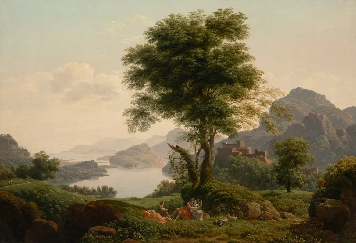 An Extensive Lake Landscape At Dawn With Orpheus And Eurydice A Castle Beyond Wall Art by Jean-Pierre Péquignot - High-Resolution Digital Print
