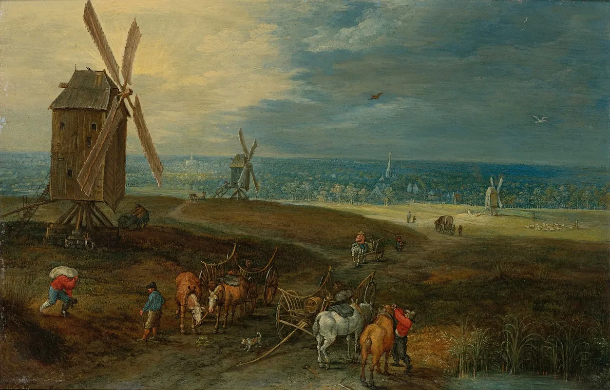 An Extensive Landscape With Travellers Before A Windmill Wall Art by Jan Brueghel the Younger - High-Resolution Digital Print