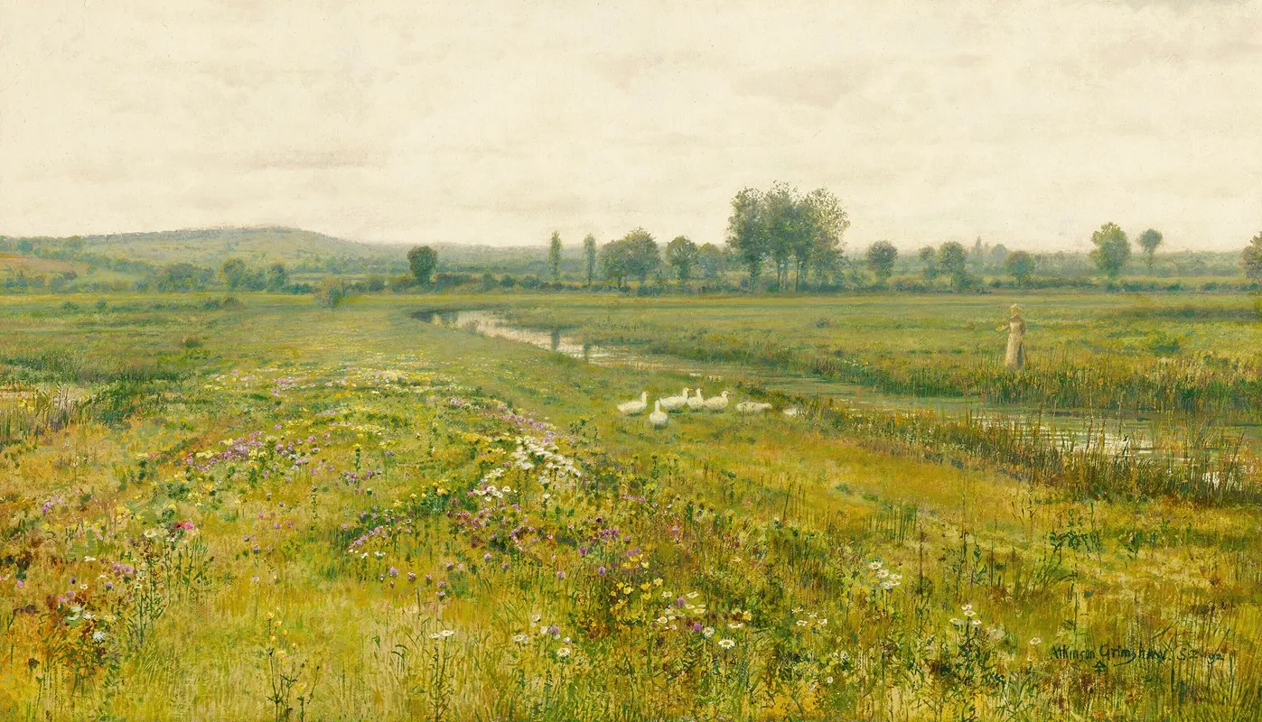 An Extensive Meadow Landscape With Geese By A Stream