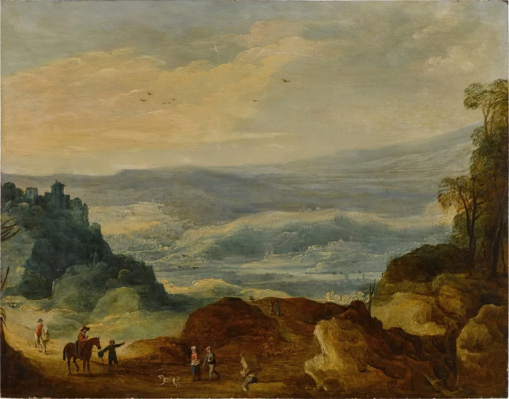 An Extensive River Landscape With Peasants And Horsemen In The Foreground Wall Art by Workshop of Joos de Momper - High-Resolution Digital Print
