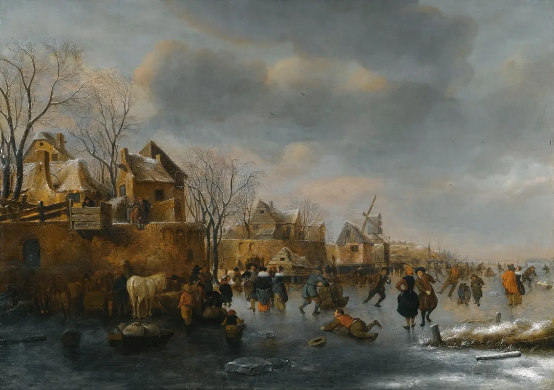 An Extensive Winter Landscape With Numerous Figures On The Ice