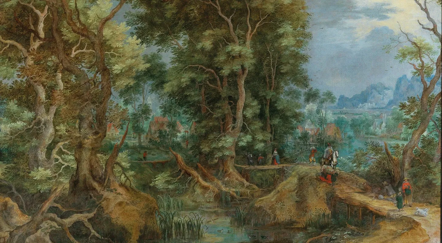 An Extensive Wooded Landscape With A Village And A Town By The Mountains Beyond Wall Art by Gillis van Coninxloo - High-Resolution Digital Print