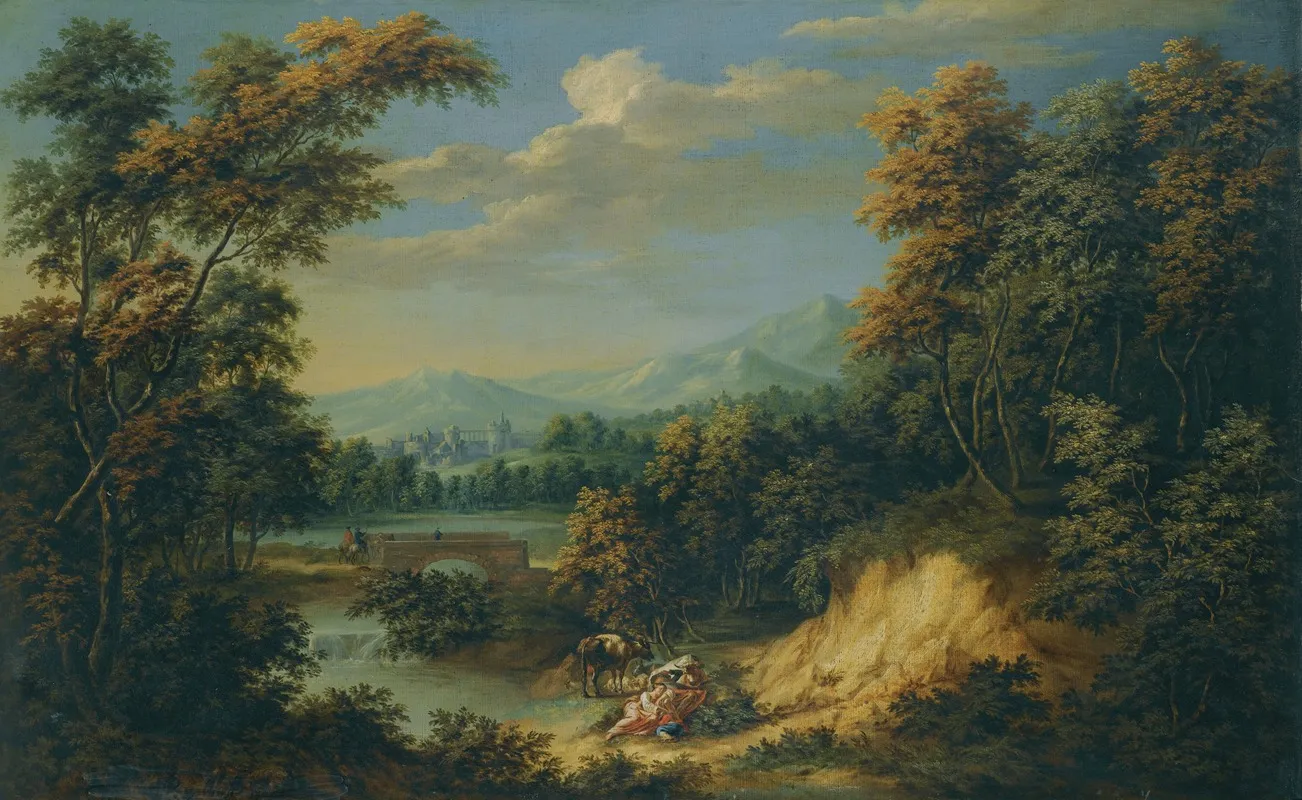 An Extensive Wooded River Landscape With Figures Resting In The Foreground Travellers Approaching A Walled City Beyond Wall Art by Jan Philip Spalthof - High-Resolution Digital Print
