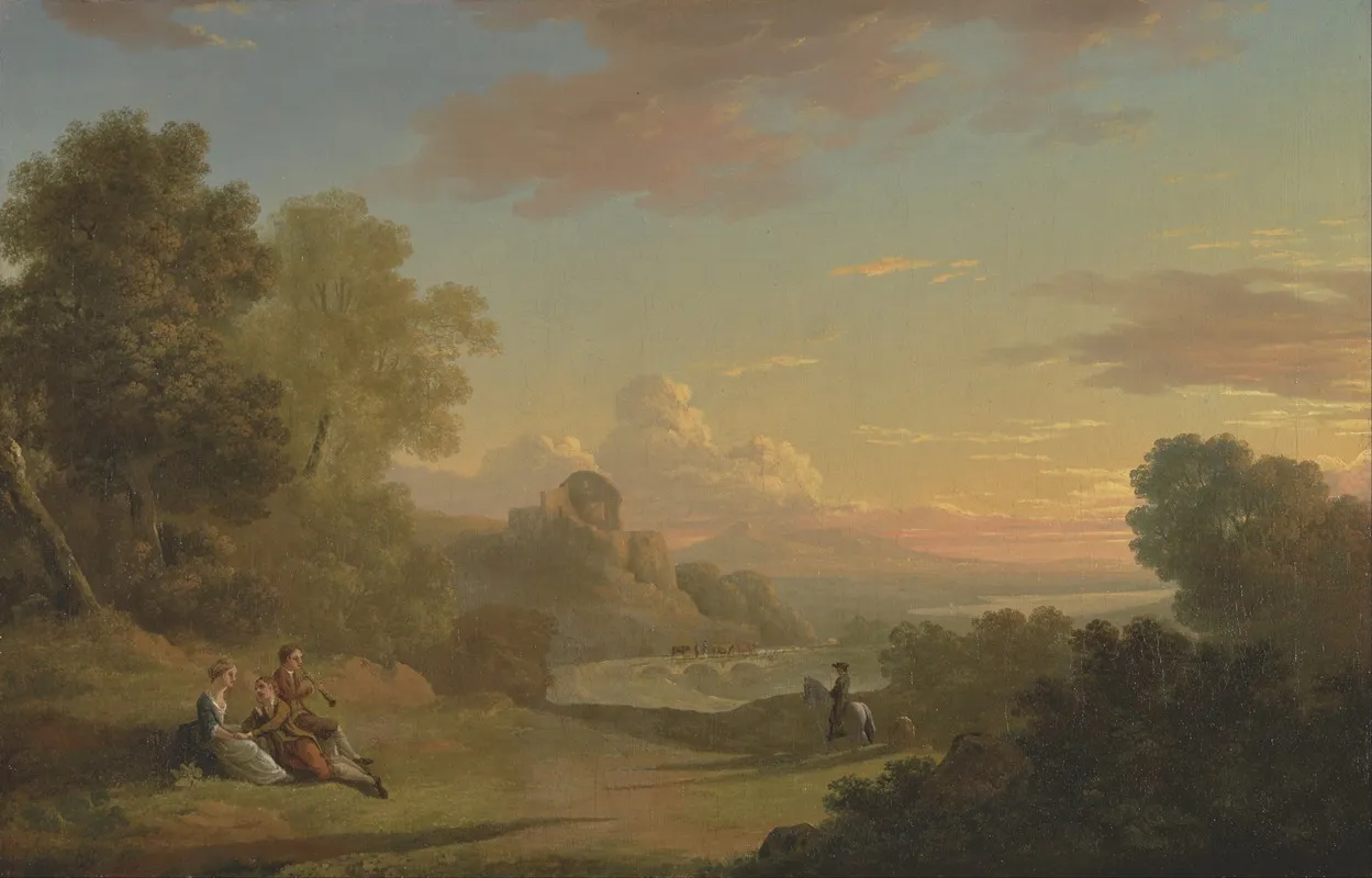 An Imaginary Landscape With A Traveller And Figures Overlooking The Bay Of Baiae