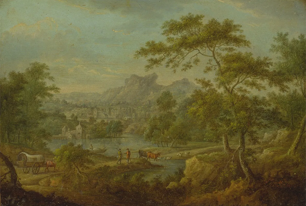 An Imaginary Landscape With A Wagon And A Distant View Of A Town Wall Art by Thomas Smith of Derby - High-Resolution Digital Print
