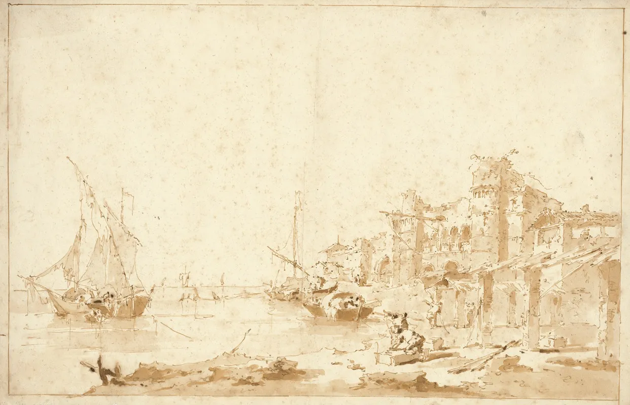 An Imaginary View Of A Venetian Lagoon With A Fortress By The Shore
