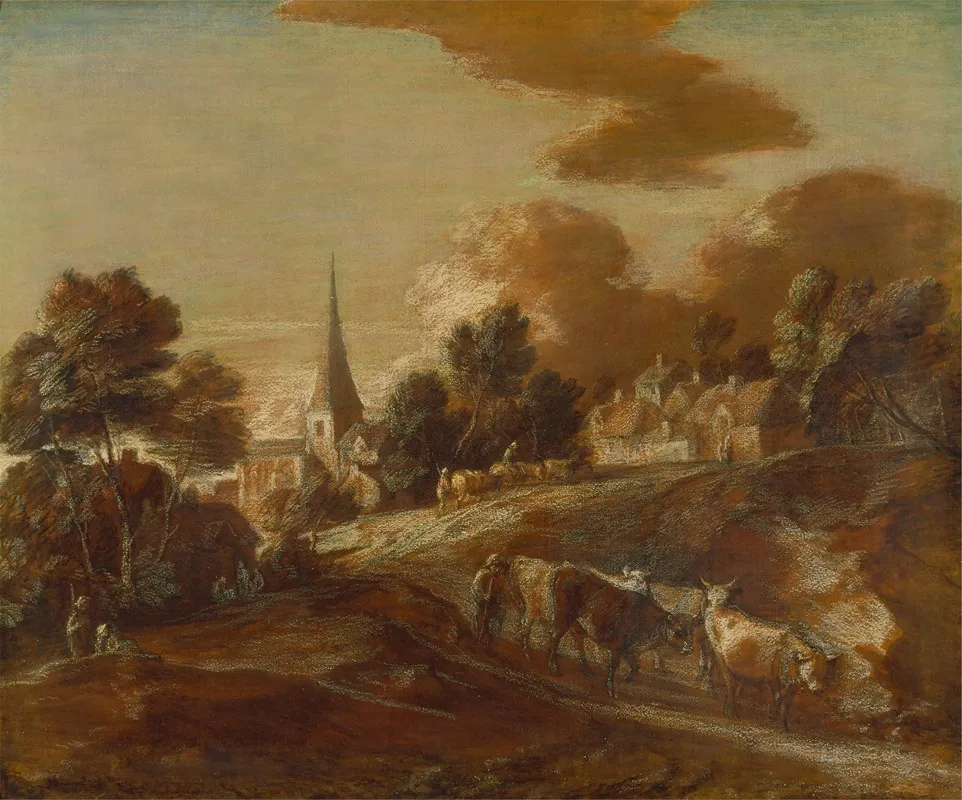 An Imaginary Wooded Village With Drovers And Cattle Wall Art by Thomas Gainsborough - High-Resolution Digital Print