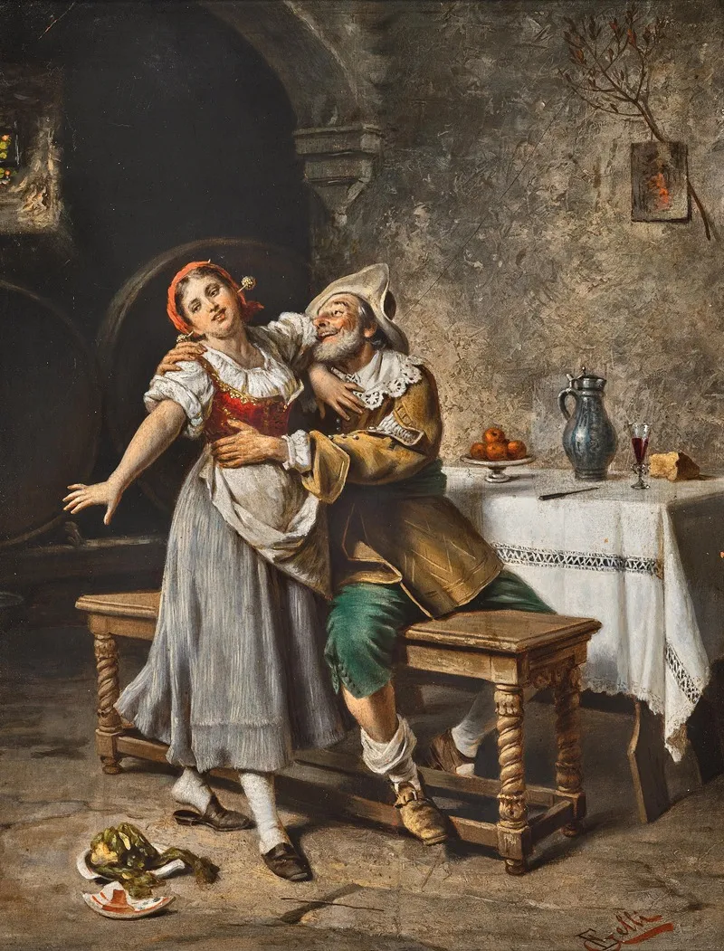 An Impetuous Cavalier In A Wine Cellar Wall Art by Eduardo Gelli - High-Resolution Digital Print