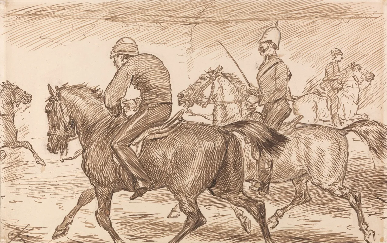 An Indoor Military Riding School With An Instructor Teaching Recruits To Trot
