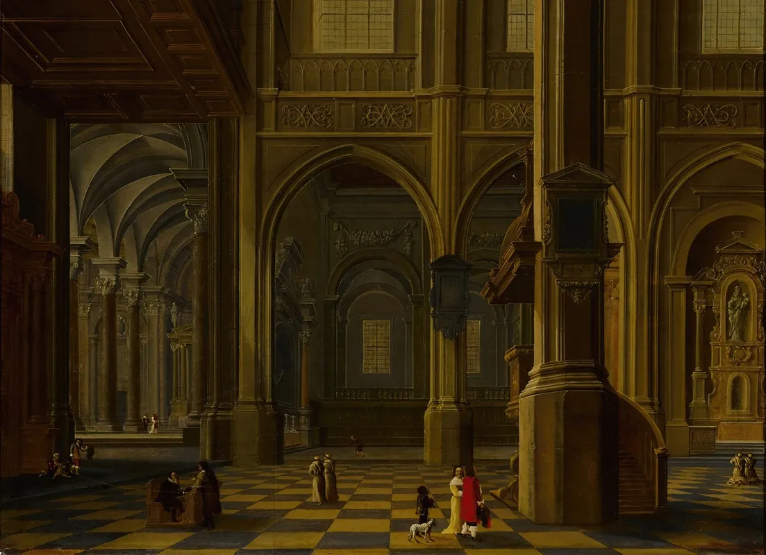 An Interior Of A Gothic Cathedral With Figures Wall Art by Bartholomeus van Bassen - High-Resolution Digital Print