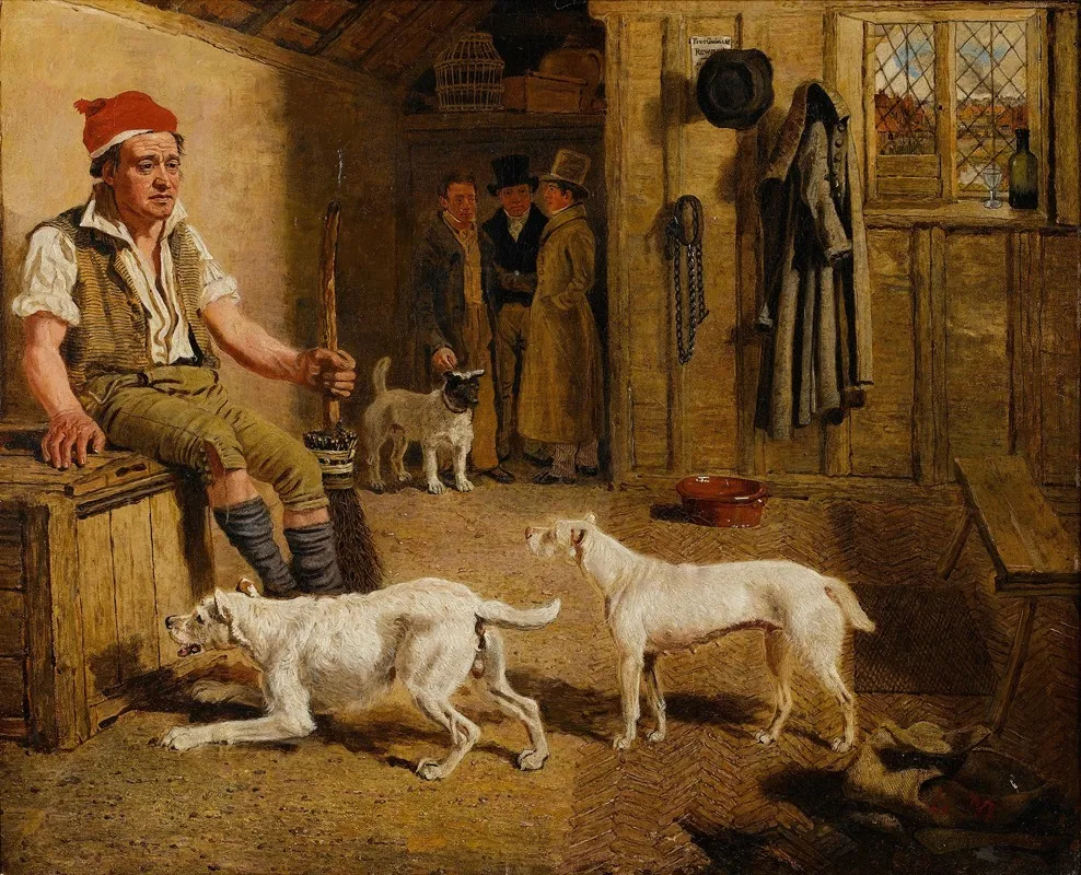An Interior Scene With A Servant And Parson Jack Russell Hunt Terriers Wall Art by Lambert Marshall - High-Resolution Digital Print