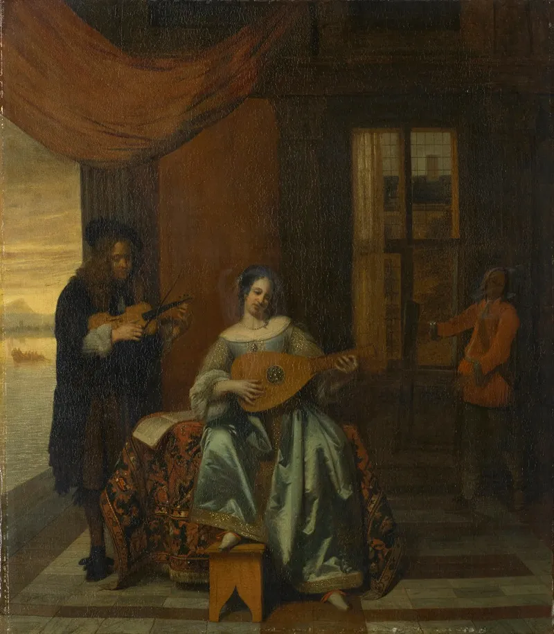 An Interior Scene With A Woman Playing A Lute And A Man Playing A Violin Wall Art by Pieter De Hooch - High-Resolution Digital Print