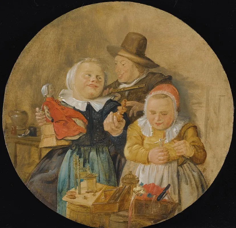 An Interior With A Man Holding A Flute And Two Children Playing With Their Toys Wall Art by Jan Miense Molenaer - High-Resolution Digital Print