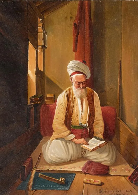 An Interior With A Turkish Gentleman In Prayer Wall Art by Frans Vervloet - High-Resolution Digital Print