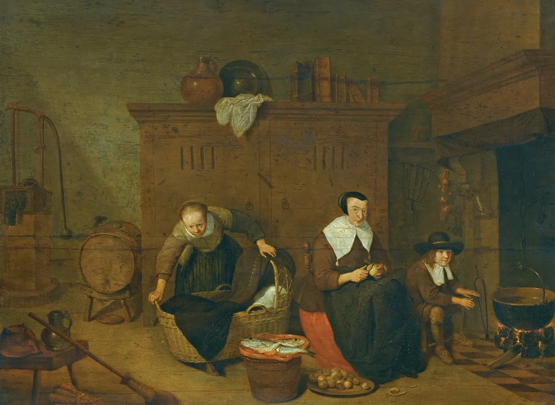 An Interior With A Woman Peeling Turnips Wall Art by Quirijn Van Brekelenkam - High-Resolution Digital Print