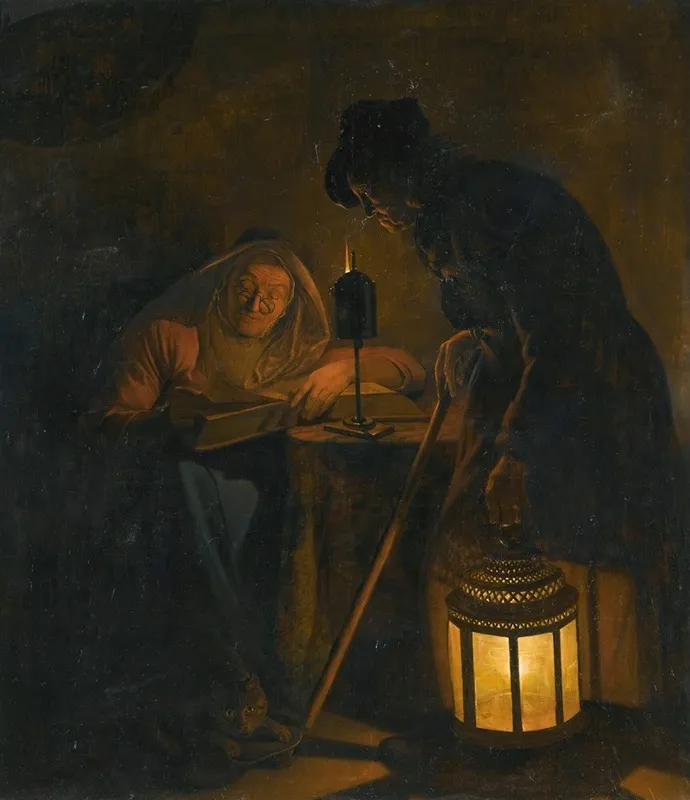 An Interior With An Old Woman Reading By Candlelight And A Man Holding A Lantern Wall Art by Michiel Versteegh - High-Resolution Digital Print